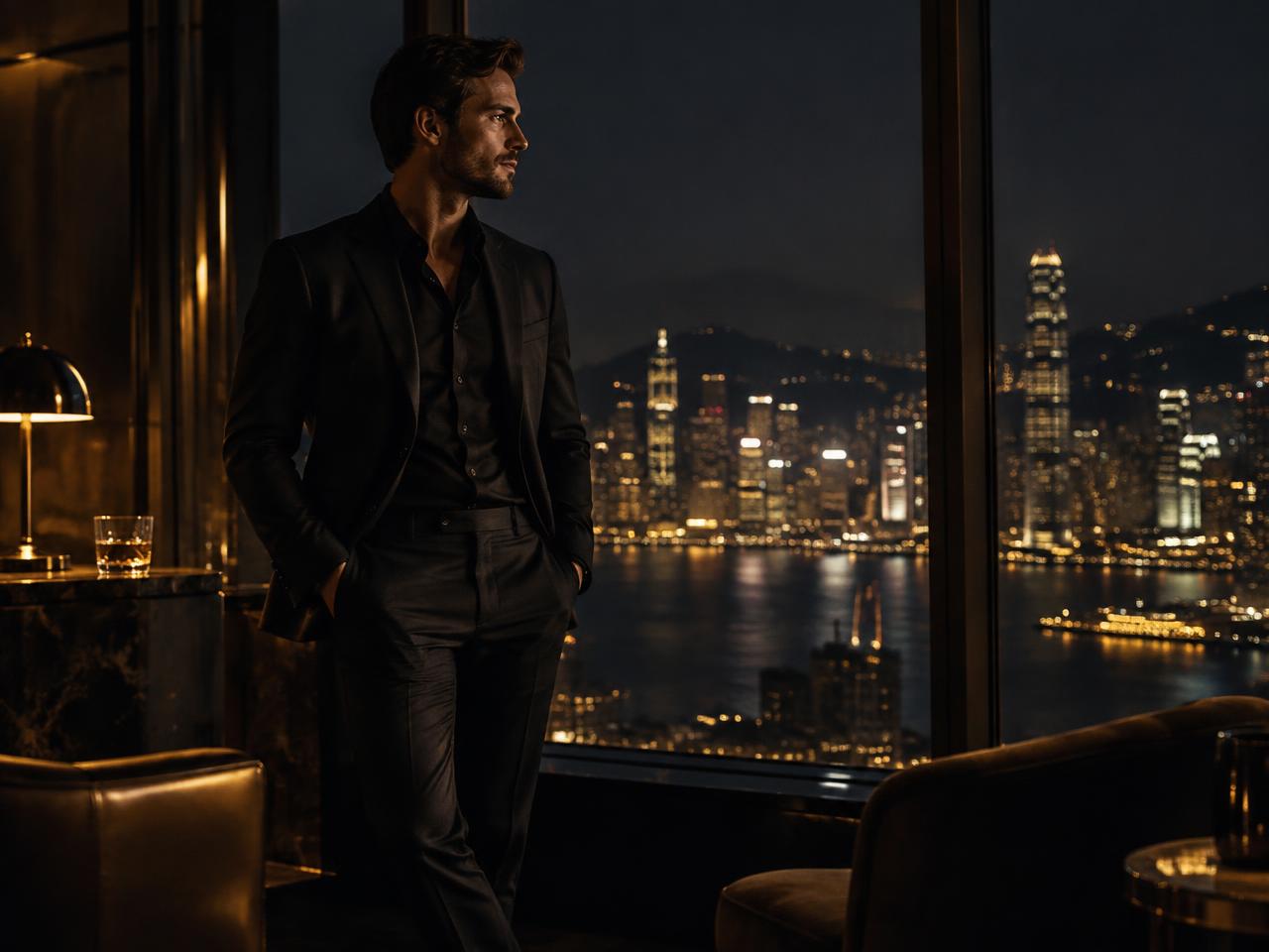 A man reflecting over a city at night